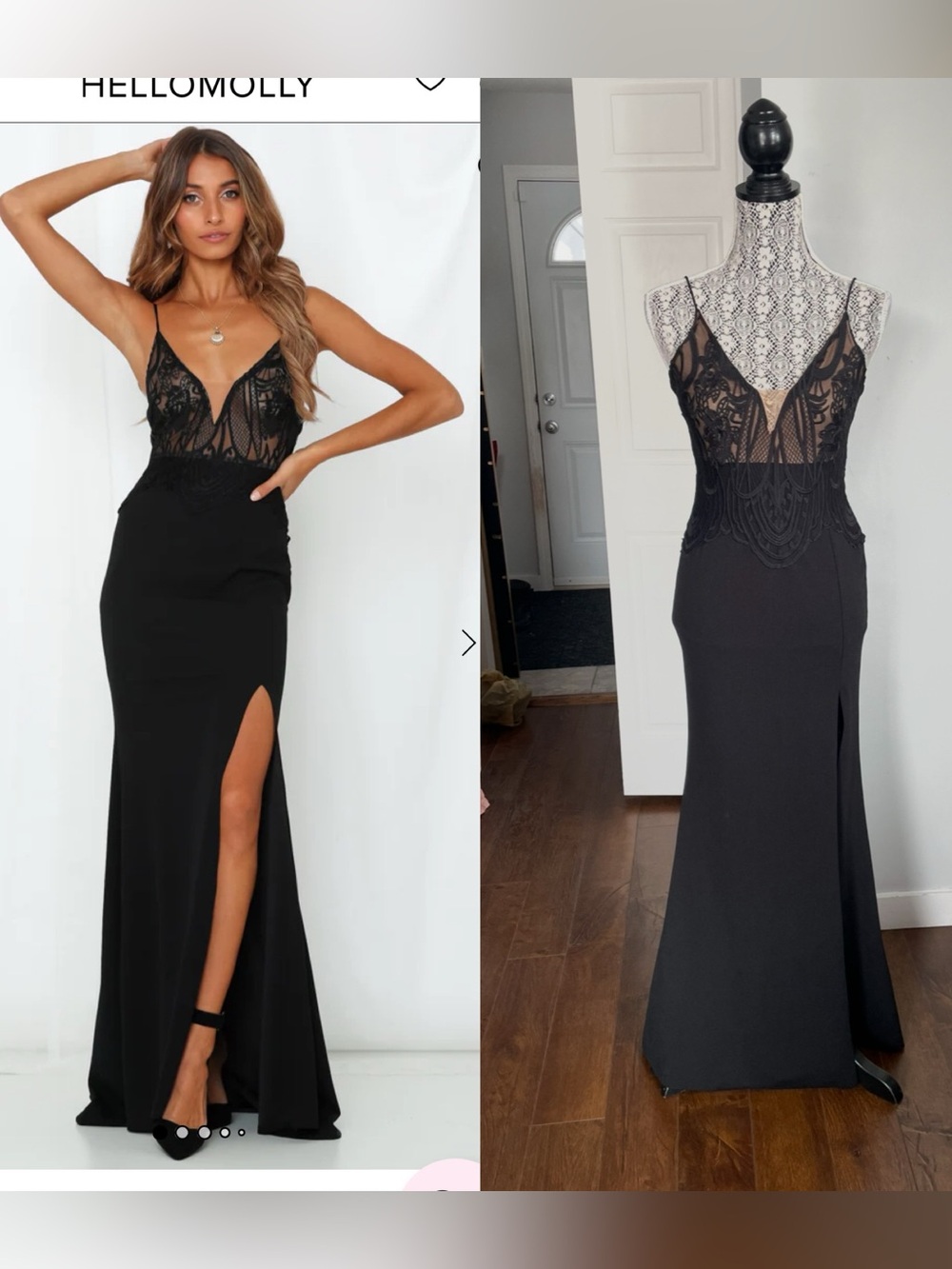 Hello Molly Stunning Lace Mermaid Cut Gown Maxi Dress. Slit. Black/Nude. Medium.